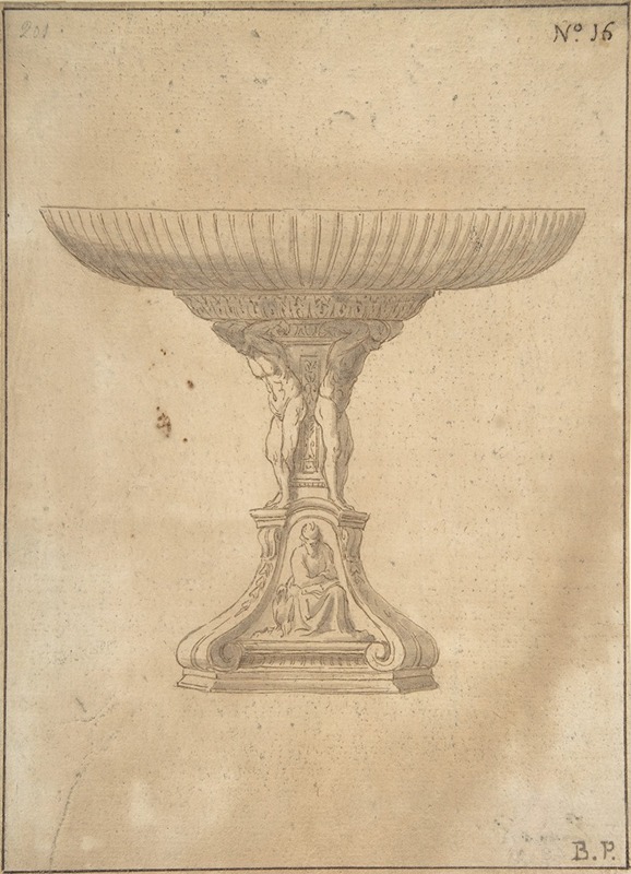 Jacopo da Empoli - Design for a Cup Supported by Standing Nudes with Standard of Seated Figure with Book and Bird