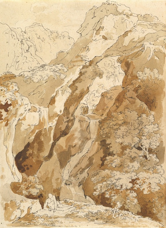 Johann Georg von Dillis - Reclining Man in a Mountainous Landscape with Waterfalls