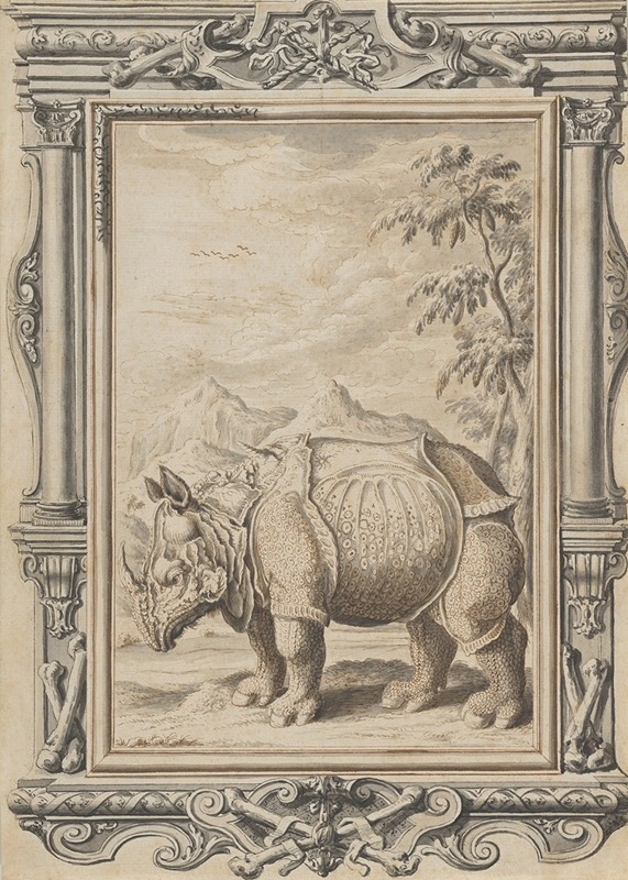 Johann Melchior Füssli - Rhinoceros in a Landscape within an Ornamental Frame