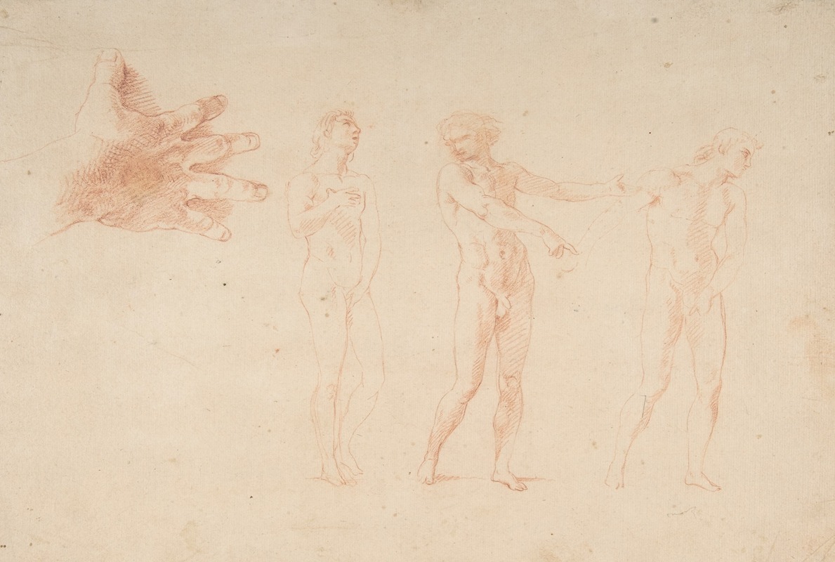 Pompeo Batoni - Three Nude Male Figures; Study of the Right Hand of the Figure on the Left