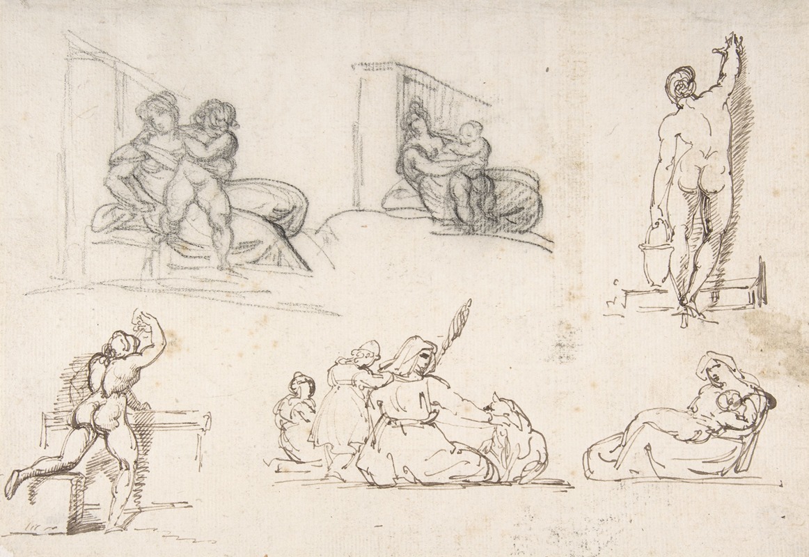 Théodore Géricault - Six Figure Studies, including four for The Poor Italian Family