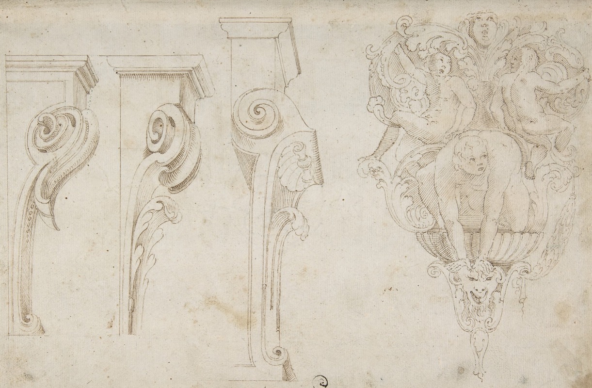 Agostino Mitelli - Design for Three Consoles Decorated with Foliage and Volutes and a Console with a Satyr Head Surmounted by Three Human Figures, Garland and Foliage