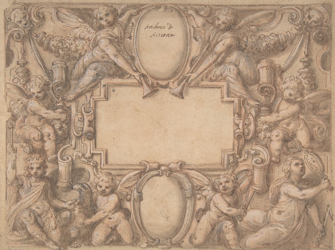 Andrea Lilio - A Cartouche and Two Shields Surrounded by Allegorical Figures.