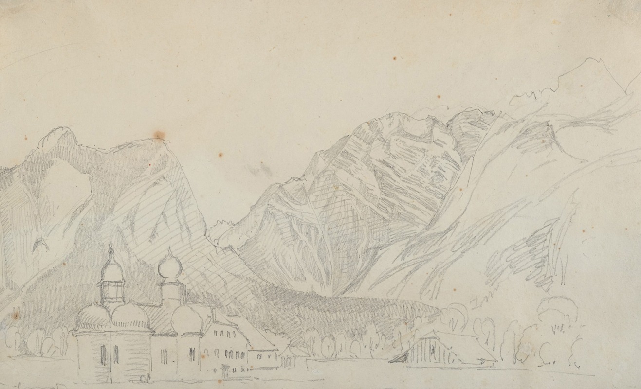 August Heinrich - Sketch of the Church of Sankt Bartholomä at the Königsee at the foot of the Watzmann Seen from the East