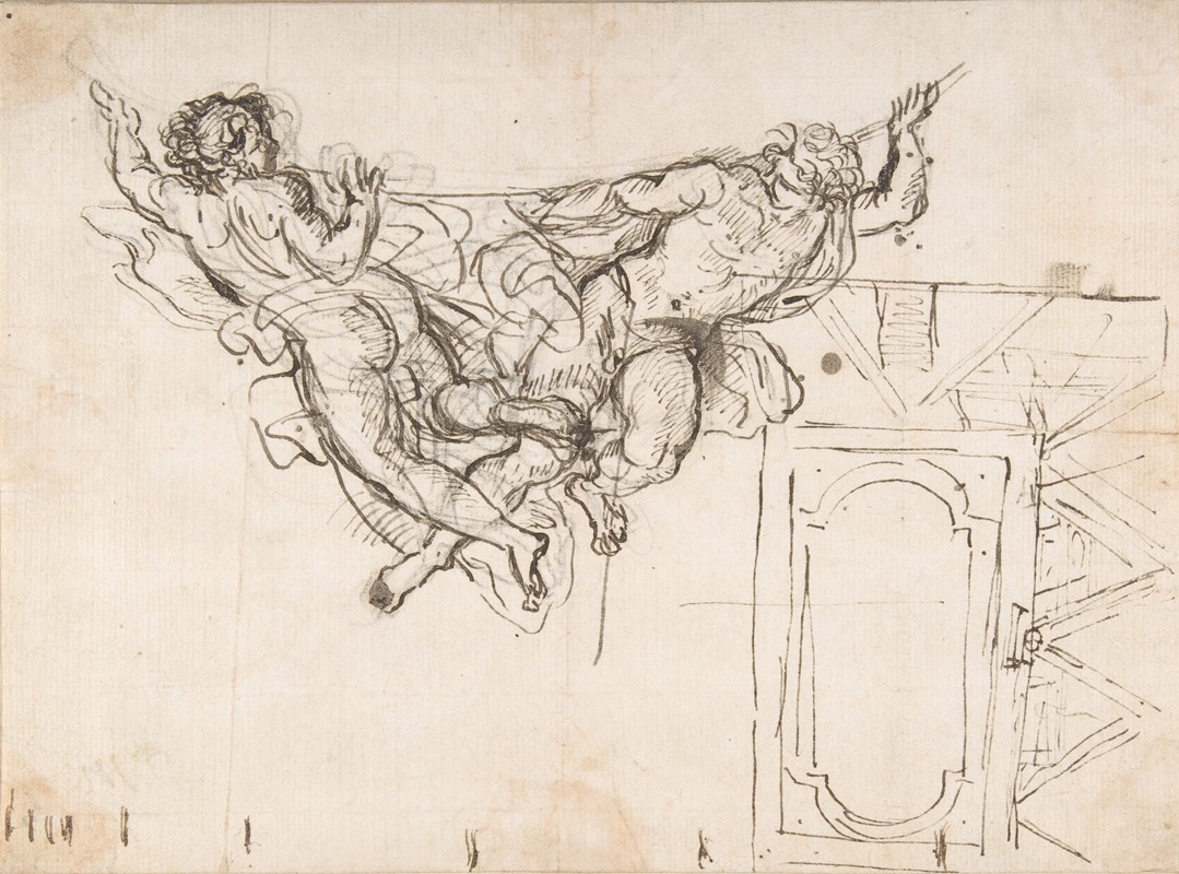 Carlo Maratti - Study for Nude Male Figures Supporting a Frame and Plan of the Ceiling Decoration of Palazzo Altieri, Rome