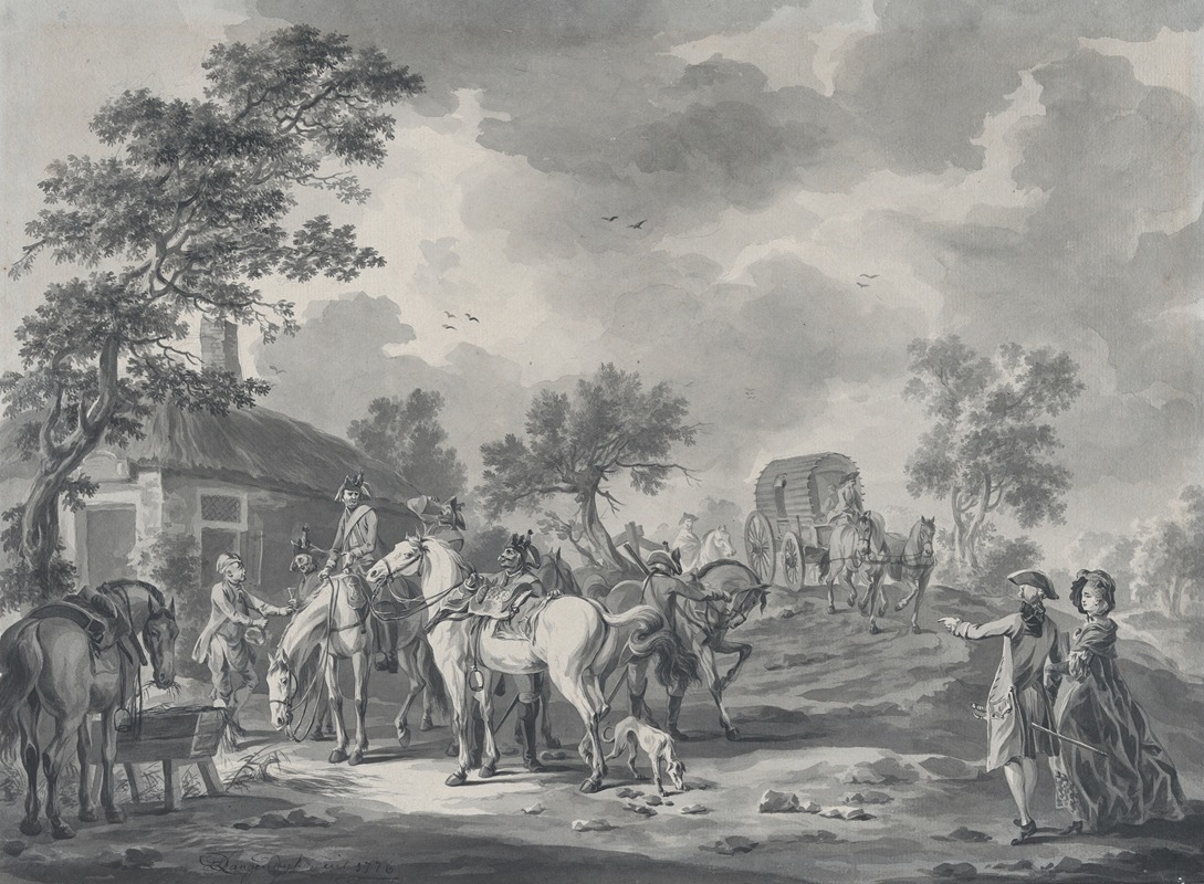 Dirk Langendijk - A Gathering of Horsemen and a Coach near a Watering Place