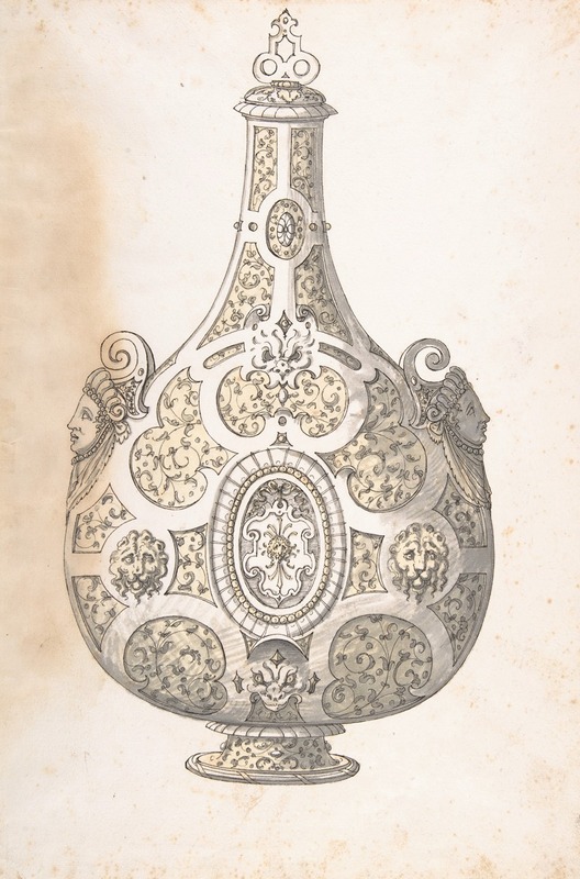 Erasmus Hornick - Design for a Silver- gilt Flask Decorated with Strapwork, Masks, Moresques