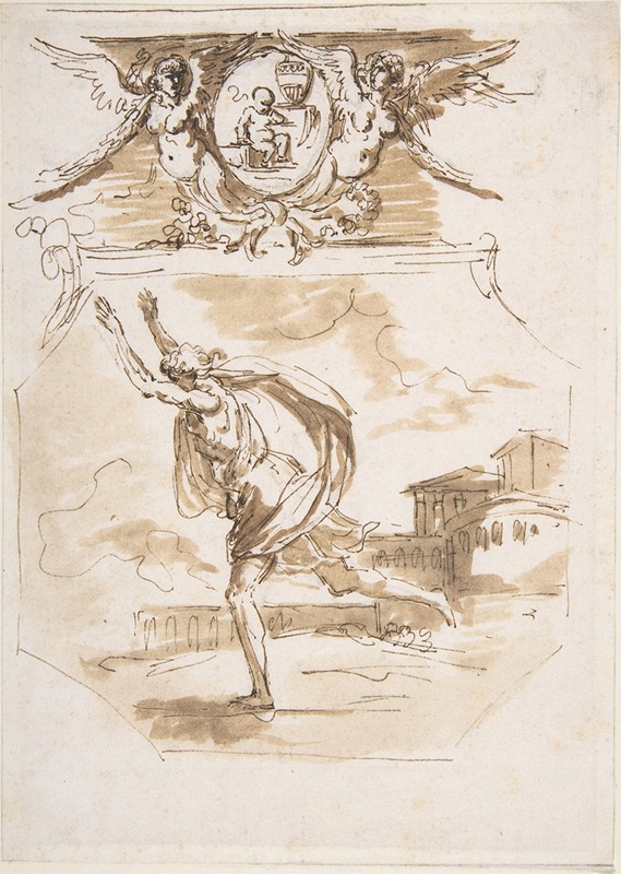 Etienne de Lavallée-Poussin - Draped Man Running; Cartouche Supported by Two Winged Victories