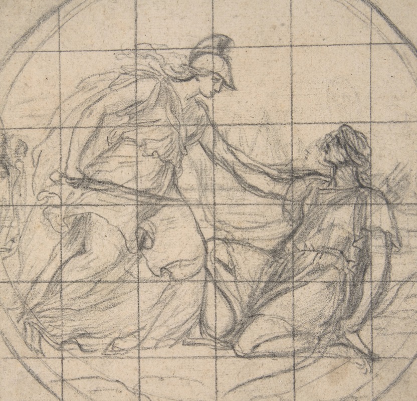 Eustache Le Sueur - Design for a Medallion; Huntress Kneeling before an Armed Goddess