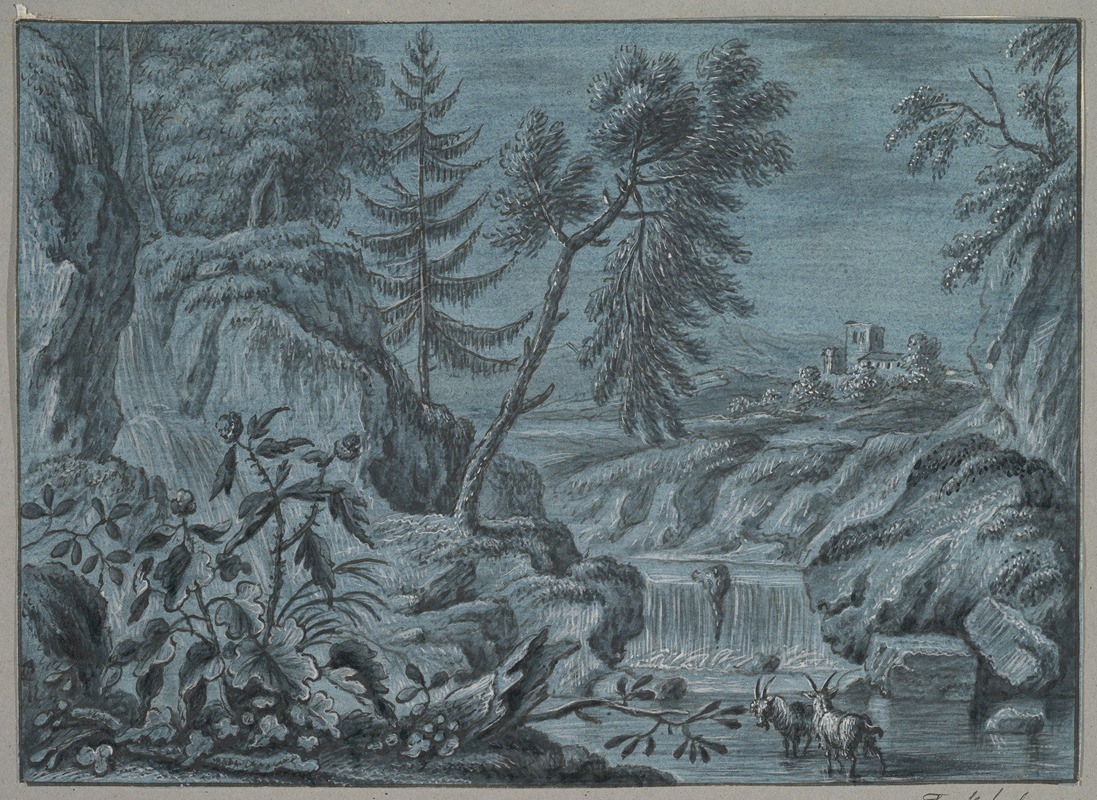 Ferdinand Kobell - Southern Landscape with a Waterfall and Goats late