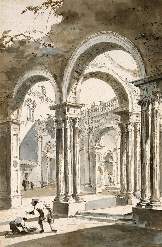 Francesco Guardi - A Colonnade, Partly Ruined, with Figures