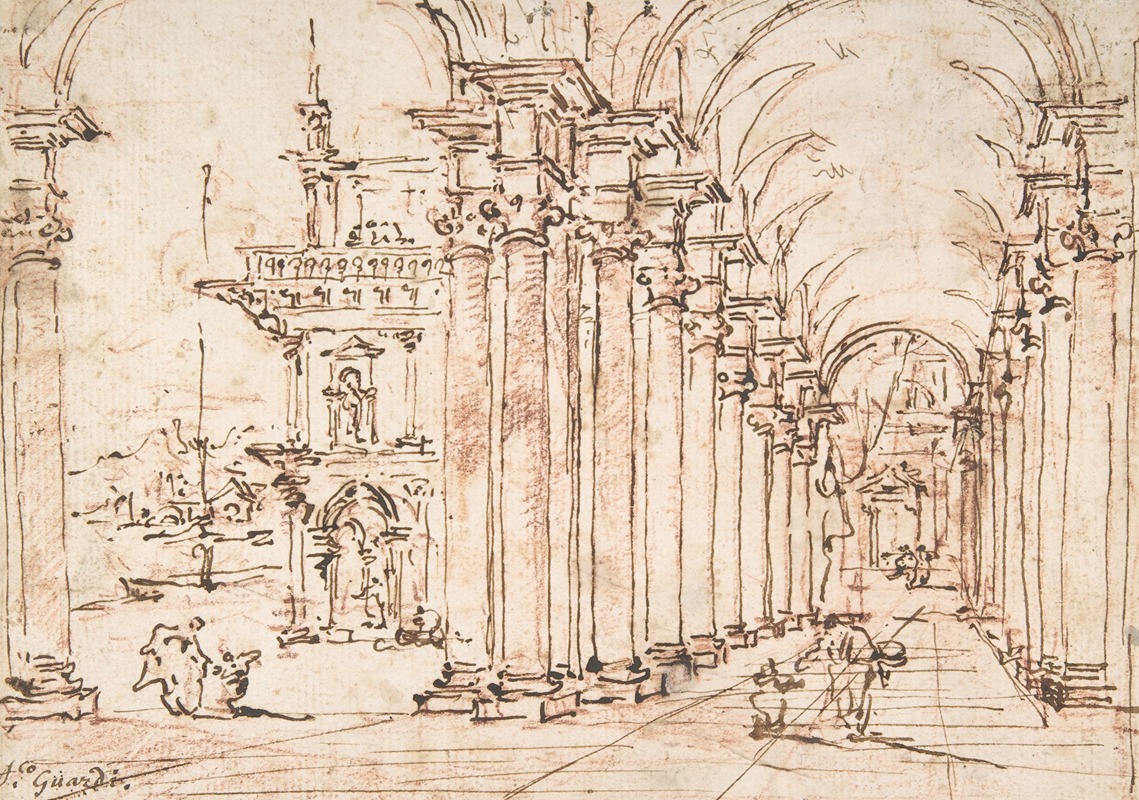 Francesco Guardi - Architectural Capriccio; Vaulted Colonnade of a Palace