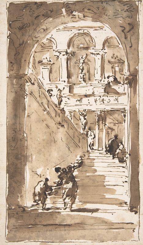 Francesco Guardi - Architectural Fantasy; Figures on a Grand Staircase