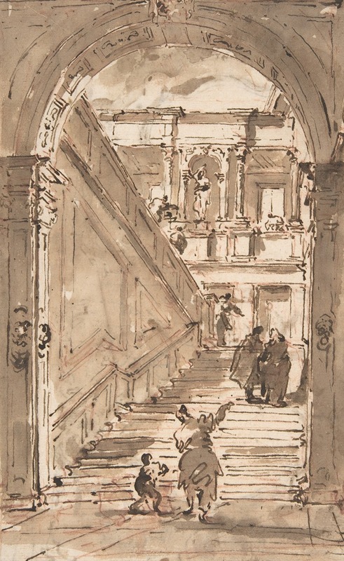 Francesco Guardi - Architectural Fantasy; Figures on a Grand Staircase