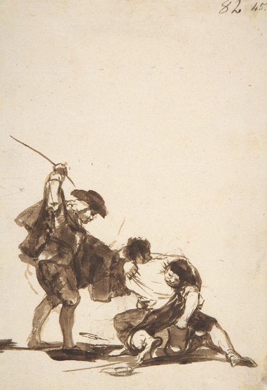 Francisco de Goya - A man with a raised whip breaking up a fight between two figures
