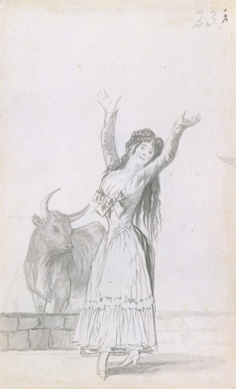 Francisco de Goya - A young woman dancing, her arms raised, a bull in the background