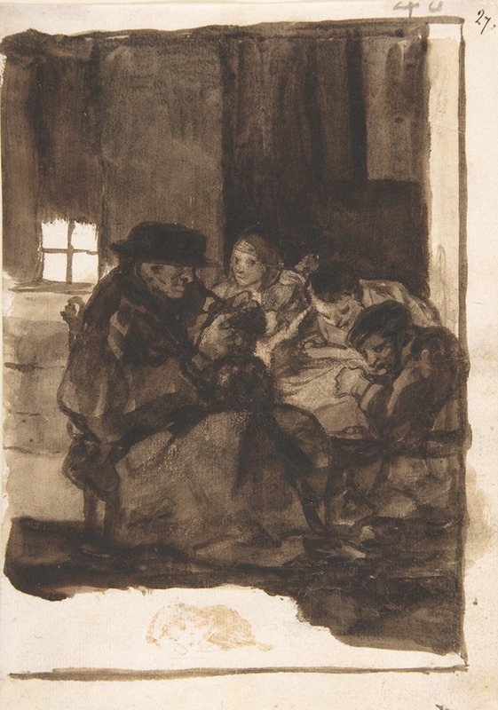 Francisco de Goya - An old man delousing a boy in an interior, accompanied by three figures