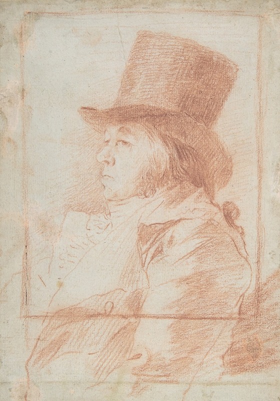 Francisco de Goya - Self-portrait; Goya wearing a top hat facing left within a drawn frame