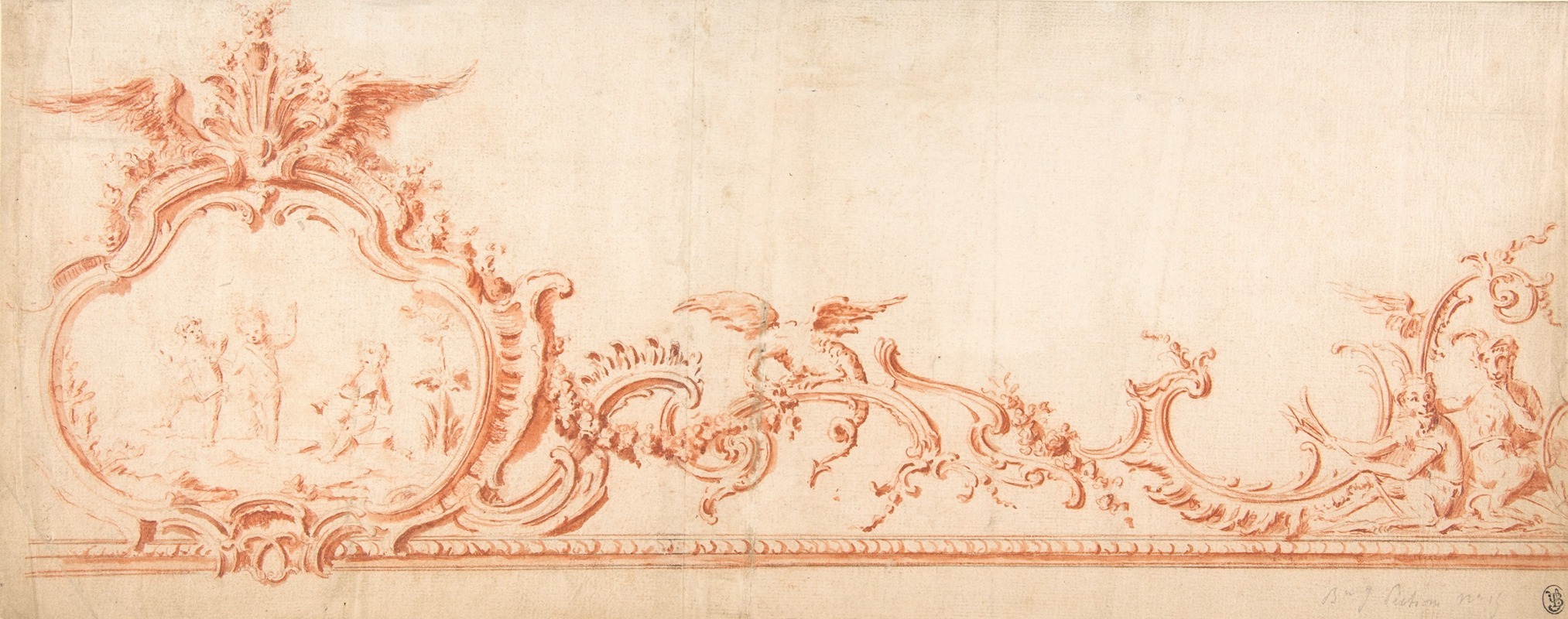 Gilles-Marie Oppenord - Ornament Drawing with Cartouche, Putti, and Monkeys