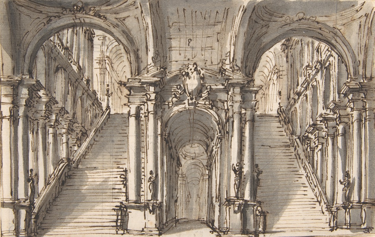 Giovanni Battista Natali III - Design for a Stage Set; Double Stairway Pierced by an Arcade