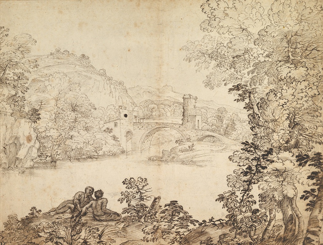 Giovanni Francesco Grimaldi - Landscape with a Bridge and Two Figures