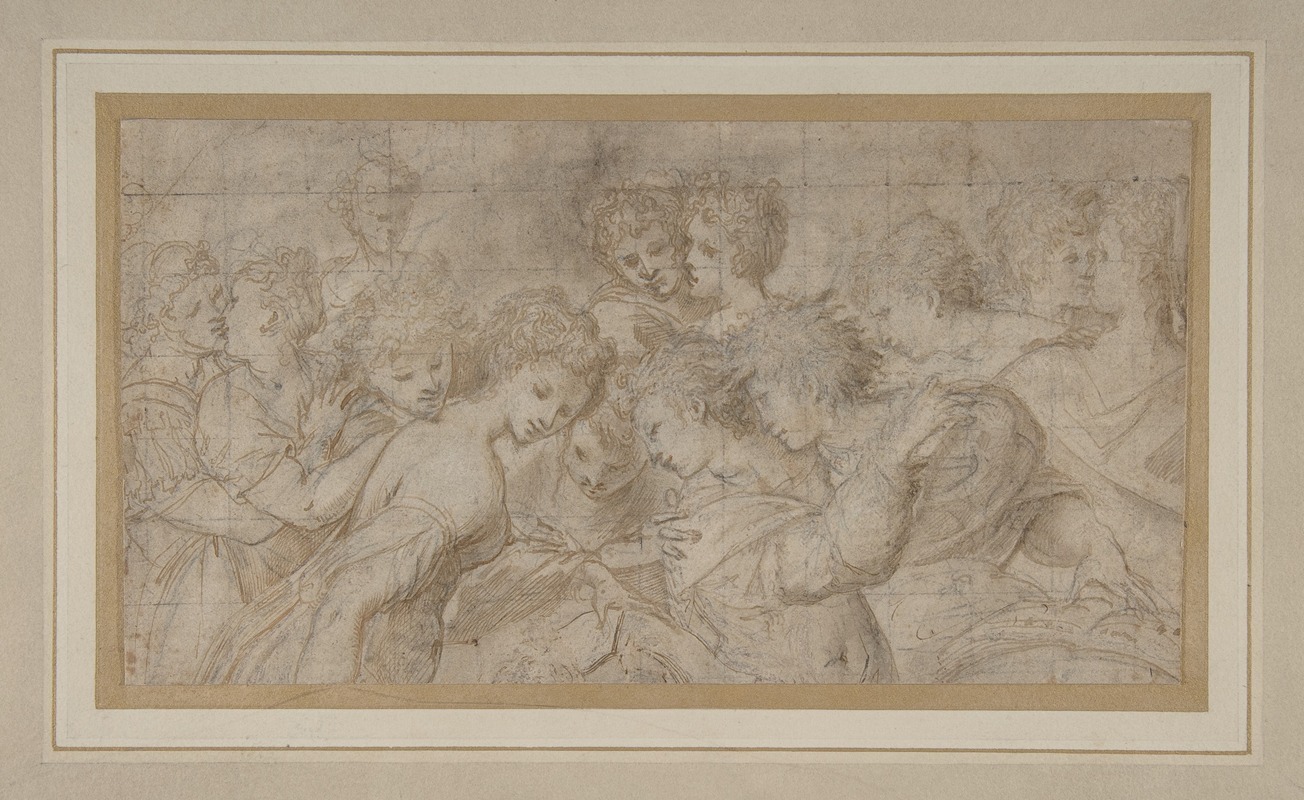 Girolamo Mirola - Embracing Female Figures, Some Holding Musical Scores.