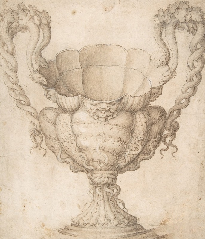 Giulio Romano - Design for a Decorated Drinking Cup with Floriated Heads around Large Mouth, Intertwined Serpents as Handles