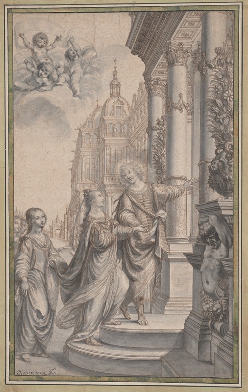 Grégoire Huret - Design for a Frontispiece; A Man Guiding a Crowned Woman and her Attendants to the Entrance of a Palace