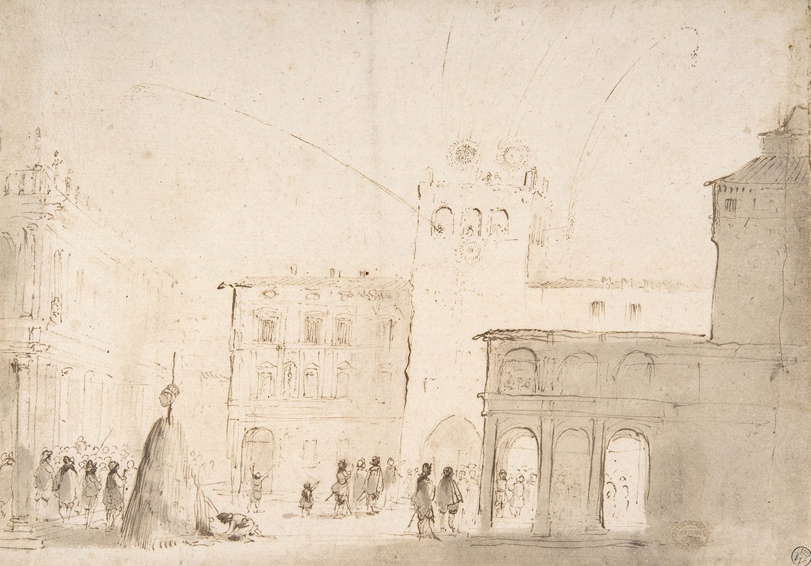 Guercino - Fireworks in a Piazza