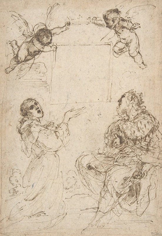 Guercino - Saint Francis of Assisi and Saint Louis of France Venerating an Image of the Virgin