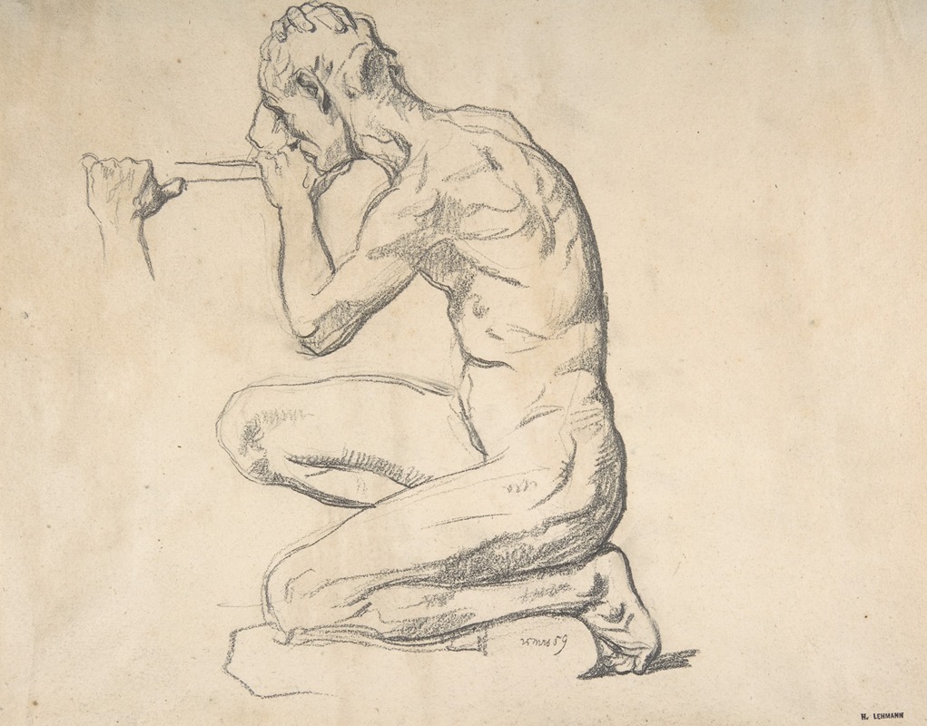 Henri Lehmann - Kneeling Nude Male Figure, Facing Left