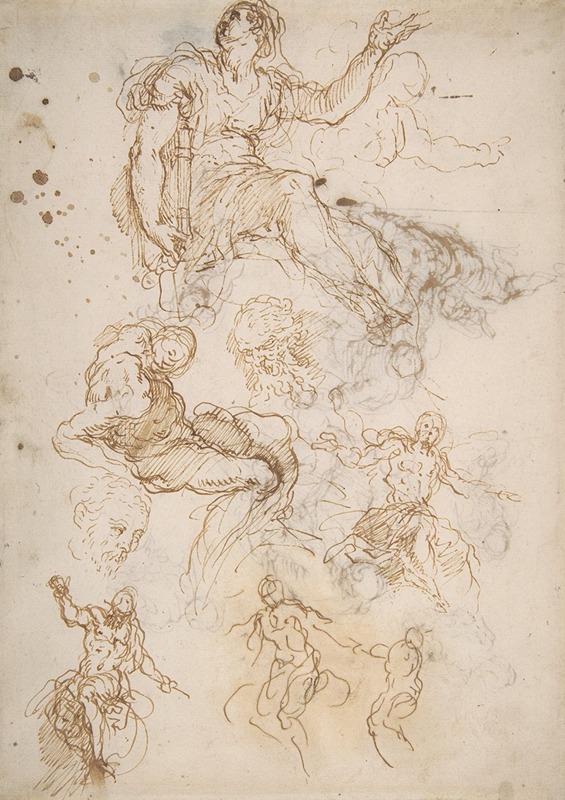 Jacopo Palma il Giovane - Figure Studies; Seated Female Holding a Book, Two Heads of Bearded Men, Seated Male Nude, and Four Sketches for Christ Judging