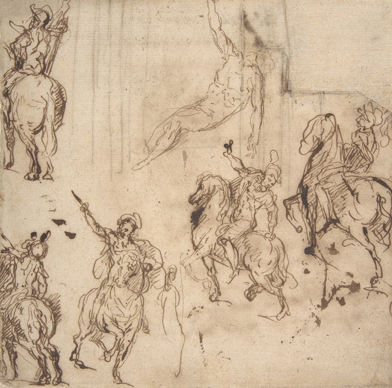 Jacopo Palma il Giovane - Studies of Horsemen and Study of a Figure for a Deposition