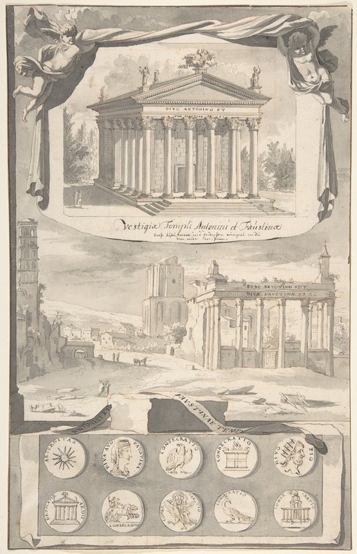 Jan Goeree - A Reconstruction of the Temple of Antonious and Faustina (above) and a View of the Ruins (below)