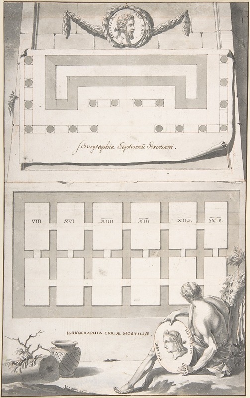 Jan Goeree - Ichnographia (or groundplan) of the Arch of Septimius Severus (above) and the Curia Hostilia (below)