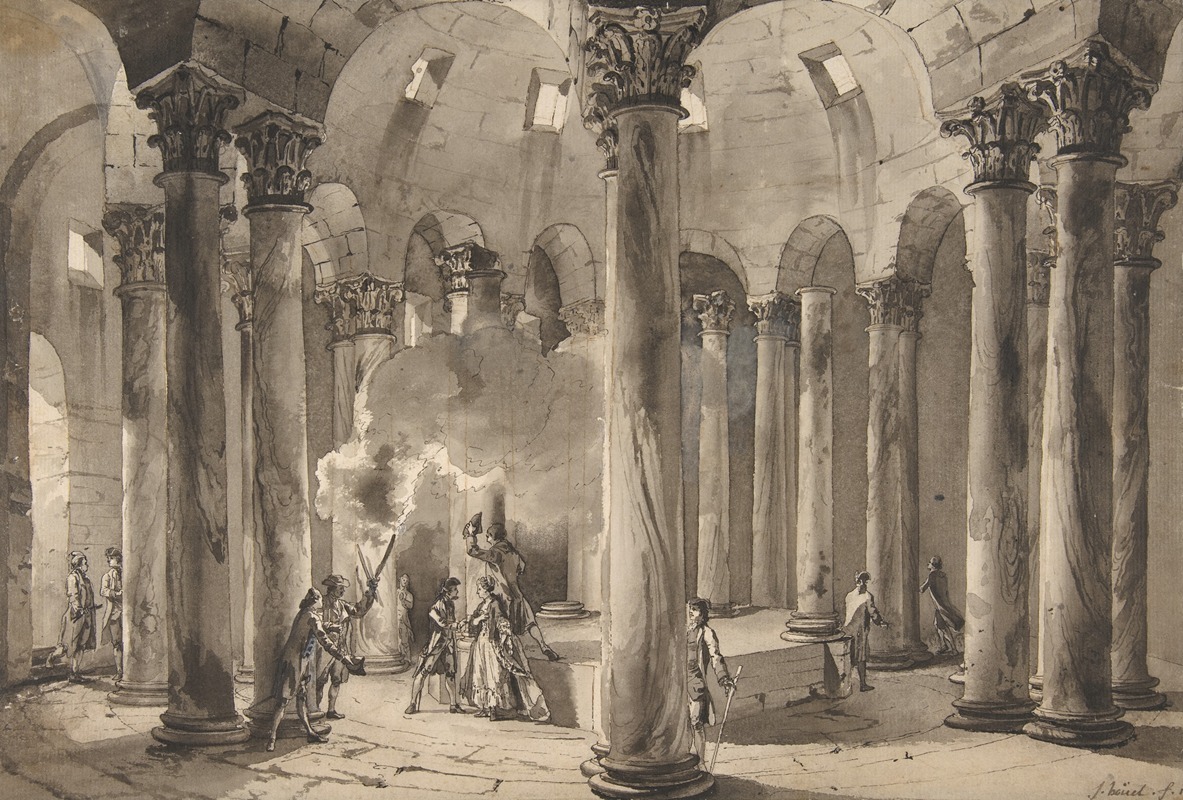 Jean Pierre Louis Laurent Hoüel - Visitors with Torches Inside a Circular Building