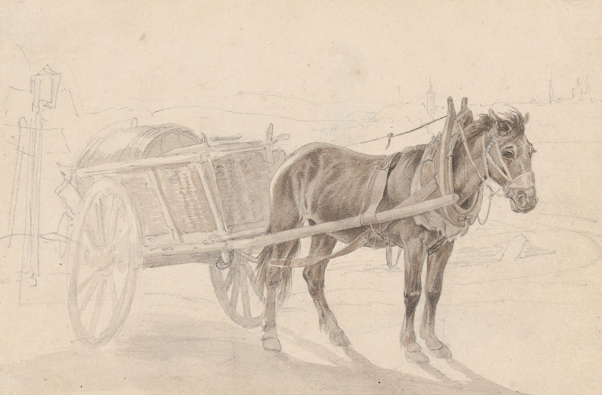 Johann Adam Klein - A Cart Drawn by a Brown Horse Near a Lamp Pole