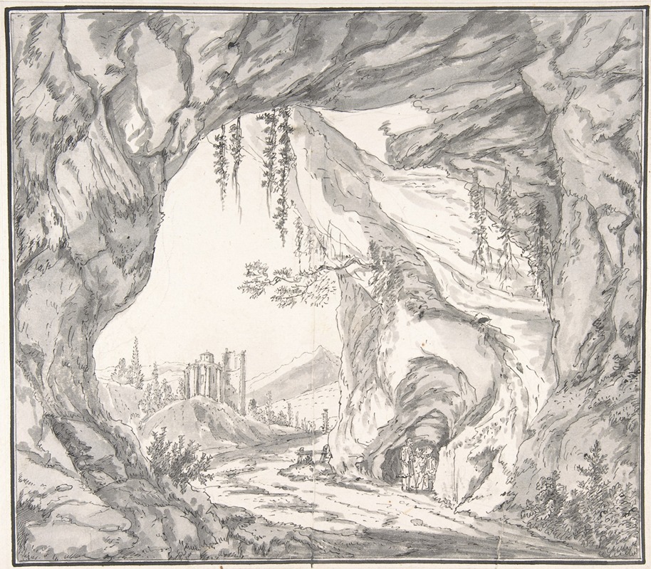 Johann Caspar Huber - Mountainous Landscape with Ruins of a Castle and Three Men in a Cave, Seen through a Stone Gate