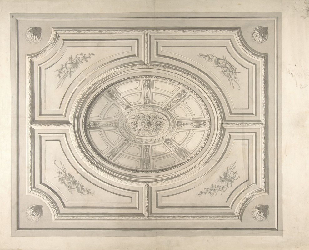 Jules-Edmond-Charles Lachaise - Design for a ceiling with trophies and a trompe l’oeil coffers