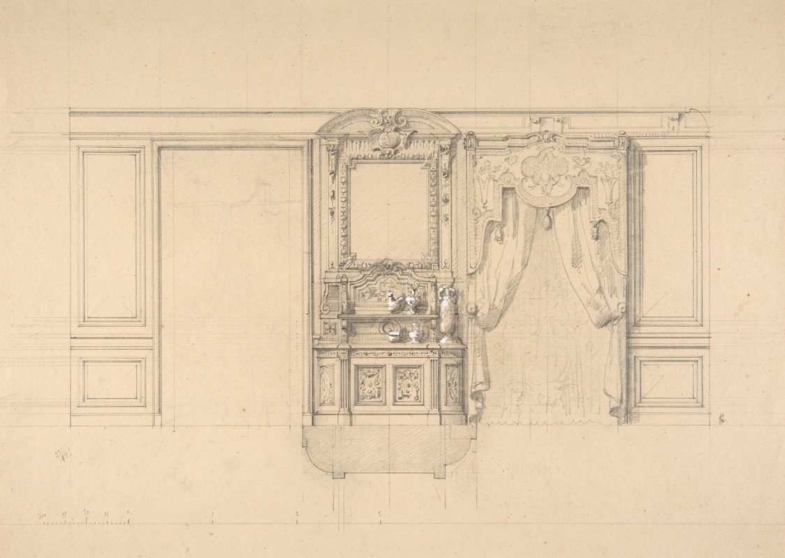 Jules-Edmond-Charles Lachaise - Elevation of a dining room with a carved buffet and window draperies