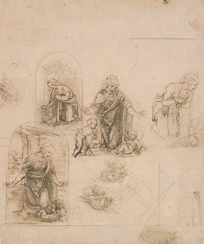 Leonardo da Vinci - Compositional Sketches for the Virgin Adoring the Christ Child, with and without the Infant St. John the Baptist; Diagram of a Perspectival Projection