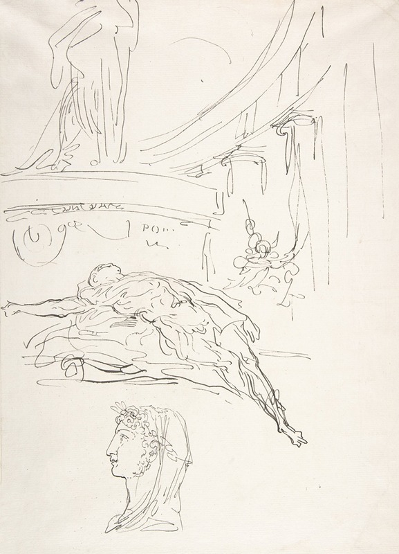 Luis Paret y Alcázar - Sheet of Studies, Including a Roman Head, a Male Figure on a Pyre, and a Colonnade.