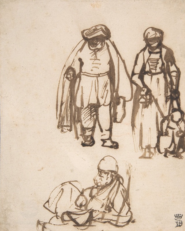 Nicolaes Maes - Studies of Two Men and a Woman Teaching a Child to Walk