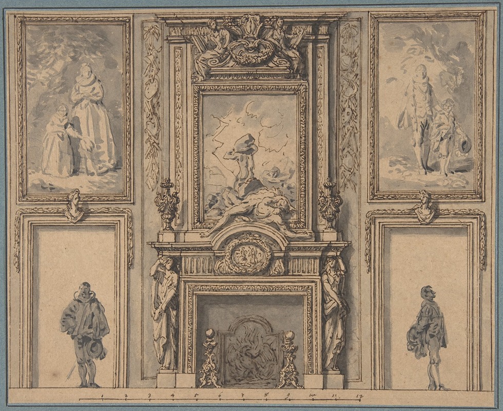 Antoine Le Pautre - Design for a Wall Decoration with Chimneypiece and Two Figures