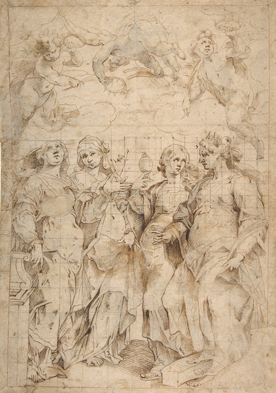 Panfilo Nuvolone - Saint Cecilia, Saint Mary Magdalen, Saint Catherine of Alexandria, and Saint Agnes, Angels with Palm Branches and Crowns Above