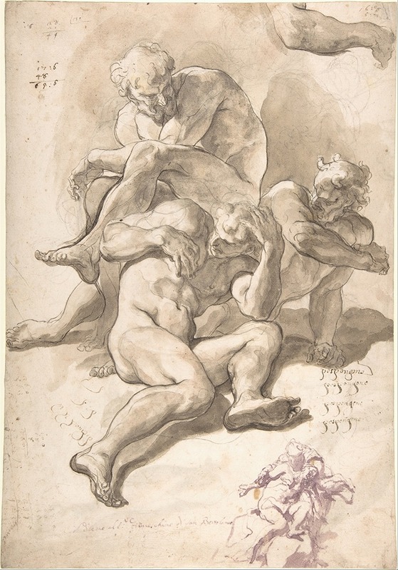 Paolo Pagani - Studies of Three Naked Men, a Right Arm and a Nude Figure Supported by Another