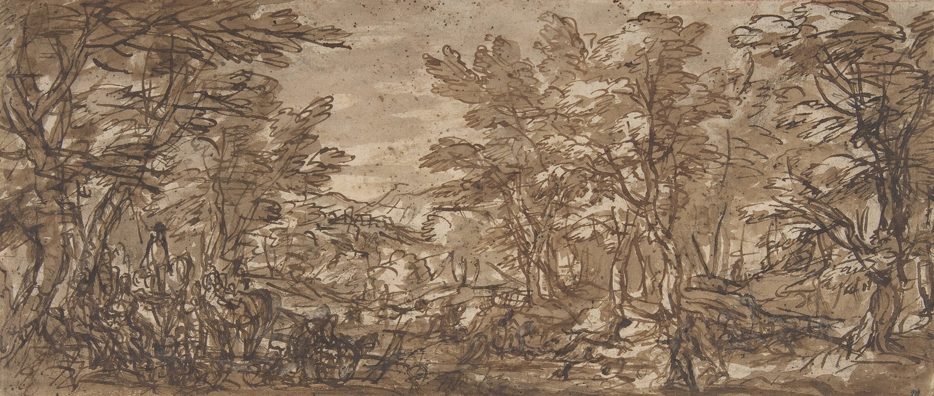 Pier Francesco Mola - Forest Scene, a Halt at the Left, a Hunt at the Center