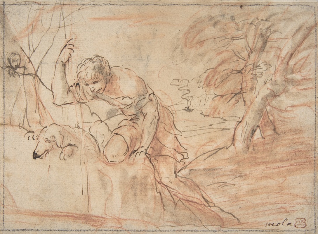 Pier Francesco Mola - Framed Sketch for a Man, a Dog and a Tree