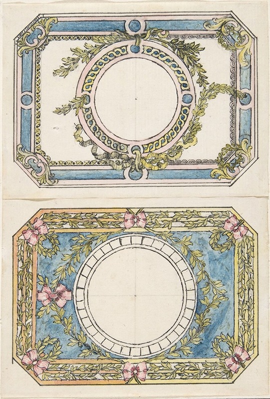 Pierre Moreau - Two Separate Designs for the Top and Bottom of a Rectangular Gold Enameled Box with Canted Corners