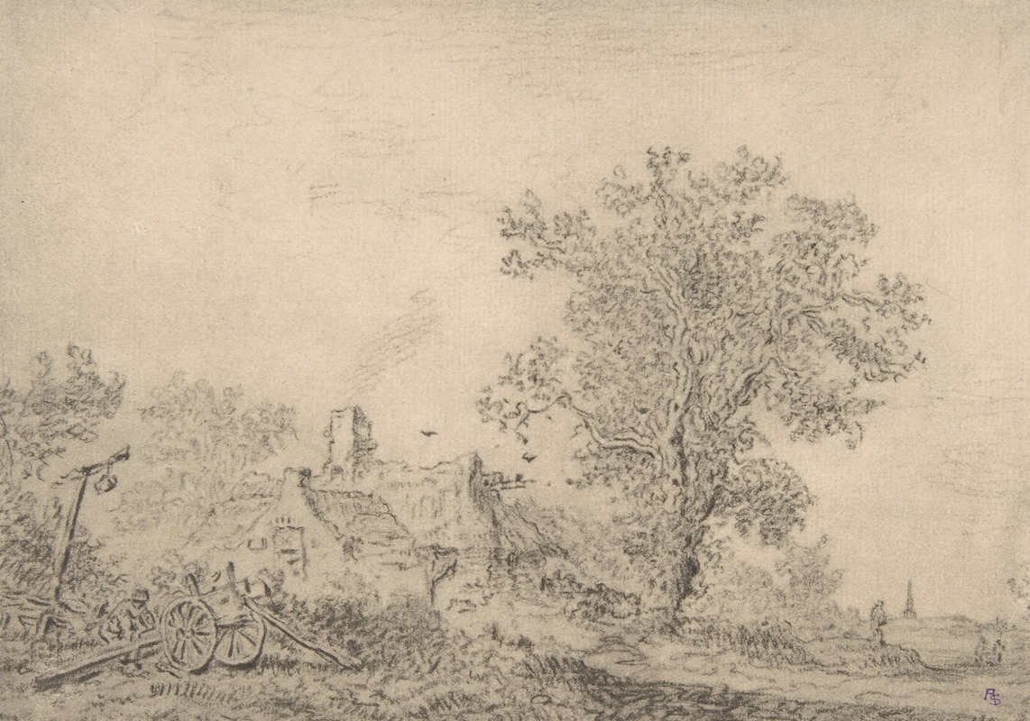 Pieter de Molijn - Landscape with cottages and a figure by a cart